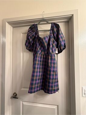Old Navy Multicolor Plaid Puff Sleeve Dress - Blue, Green & Red